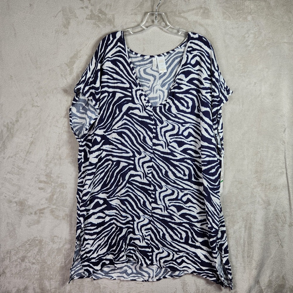 Anne Cole Swim Cover Up Womens L/XL Navy Blue Zebra Print Summer Beach Resort